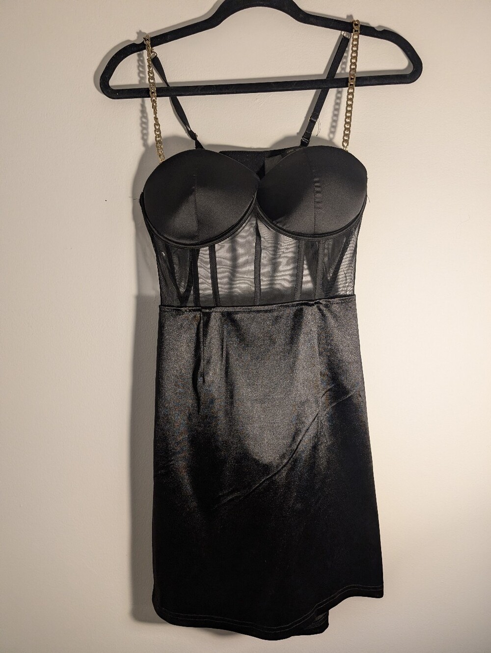 The Vintage Shop Black Satin Mesh Corset Mini Dress L